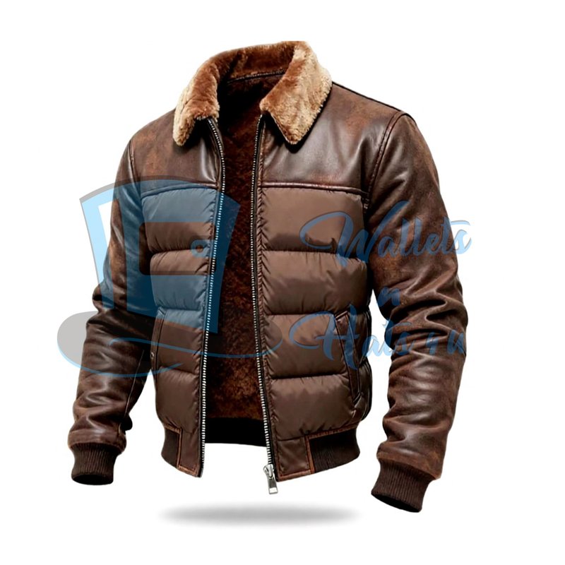 复古棕色皮革飞行夹克，带仿羊羔绒领 - 男士舒适冬季 - 男装外套 - 真皮 咖啡色