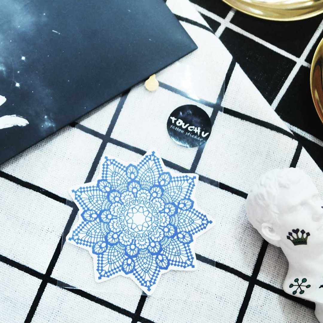 TU紋身貼紙-淺色藍蕾絲花  刺青 防水纹身 原创 - 纹身贴 - 纸 蓝色
