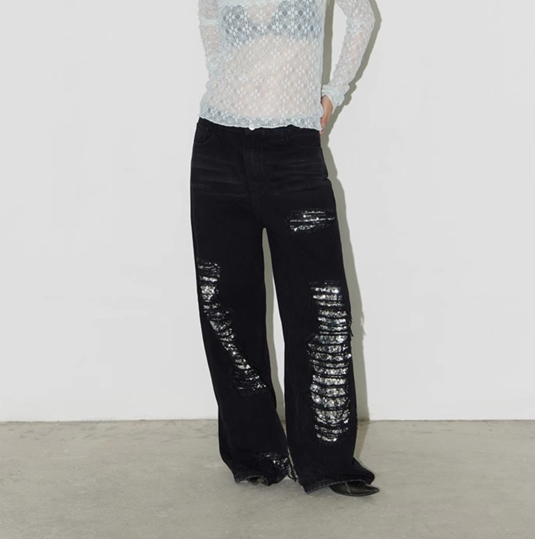 Ripped Detail Jeans 洗水大郭形破洞寬鬆牛仔裤 - 中性裤装 - 棉 黑色