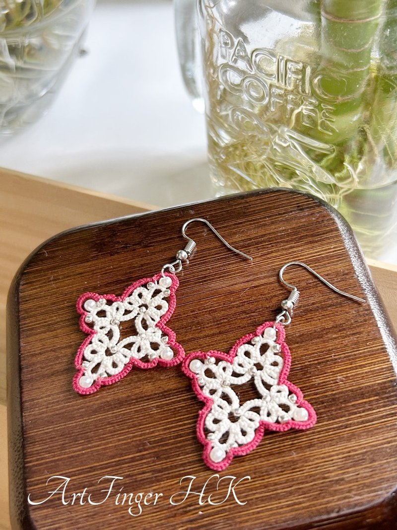 桃红十字梭织耳环 - 耳环/耳夹 - 棉．麻 红色