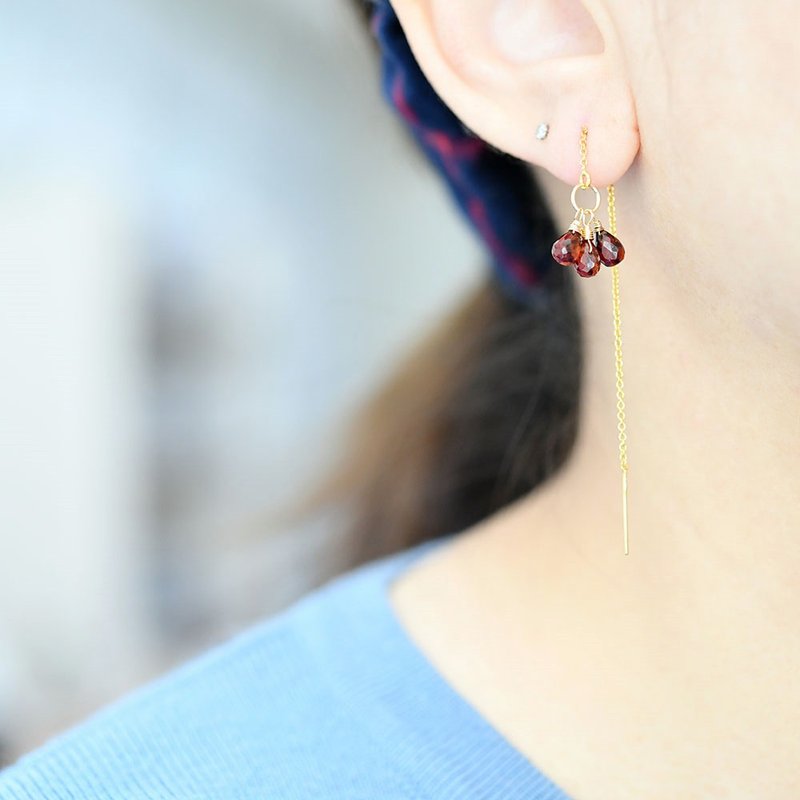 Fulfillment of love Stone garnet American pierced earrings that symbolize deep bond fruit January birthstone Clip-On allowed - 耳环/耳夹 - 宝石 红色
