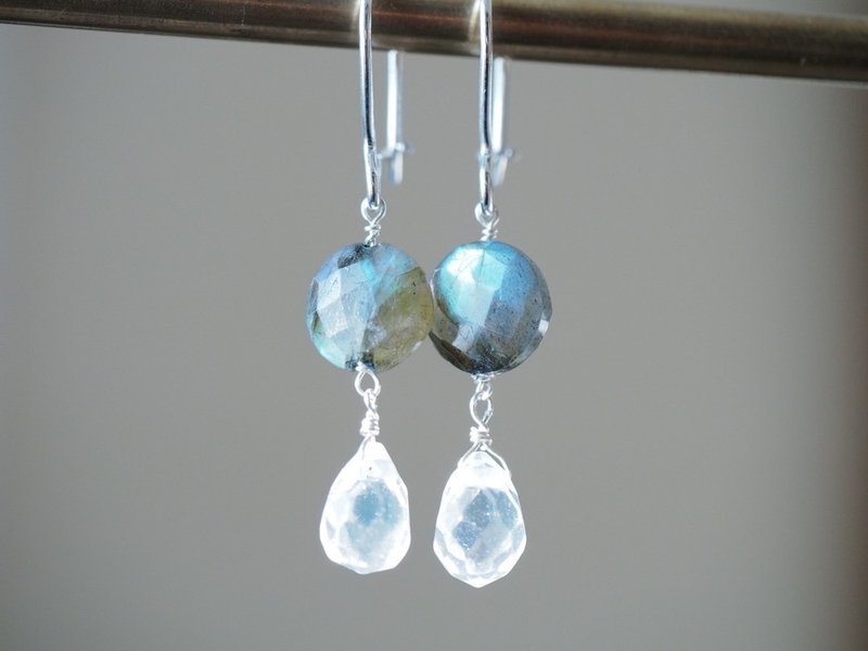 拉长石 粉晶 纯银耳环 天然石 Labrodorite quartz Rose - 耳环/耳夹 - 半宝石 多色