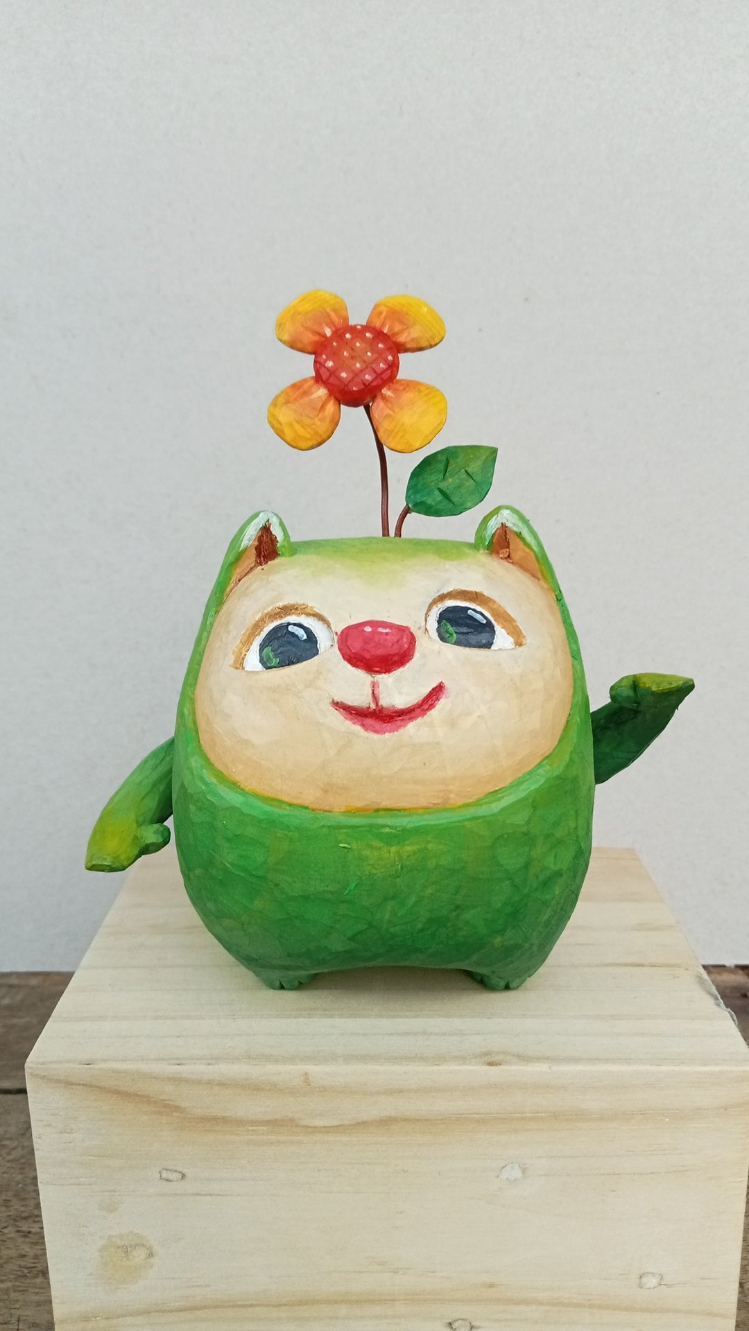 圆形绿猫与花痴 - 玩偶/公仔 - 木头 绿色