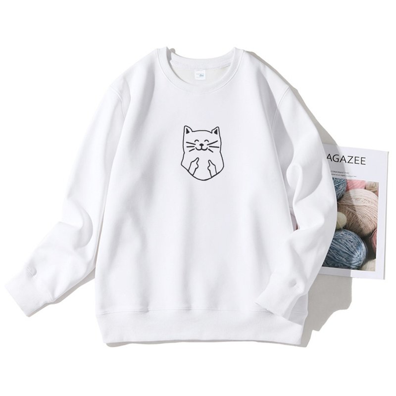 Smile Cat Finger 大学T 刷毛 中性 白色 微笑手绘猫咪中指礼物 - 女装上衣 - 棉．麻 白色