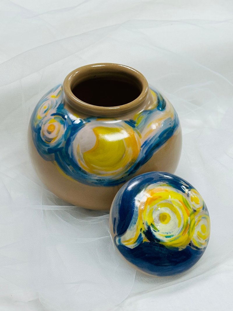 梵谷星空星夜 纯手工制作绘制 陶瓷茶仓 茶叶罐 - 茶具/茶杯 - 陶 蓝色