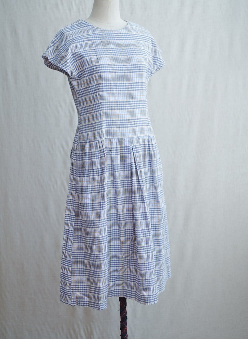 低腰格子连身洋装古董古着vintage - 洋装/连衣裙 - 棉．麻 蓝色