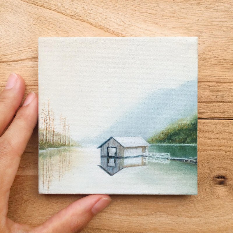 【湖上小屋】原作小型油画 | 简约素雅山峦湖泊风景 | 迷你收藏 - 海报/装饰画/版画 - 棉．麻 