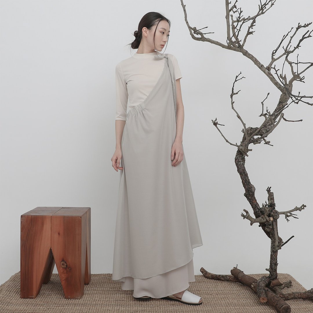 台北时装周限定款/Liubai_留白・侧肩吊带裙_23SF201_灰 - 洋装/连衣裙 - 聚酯纤维 灰色