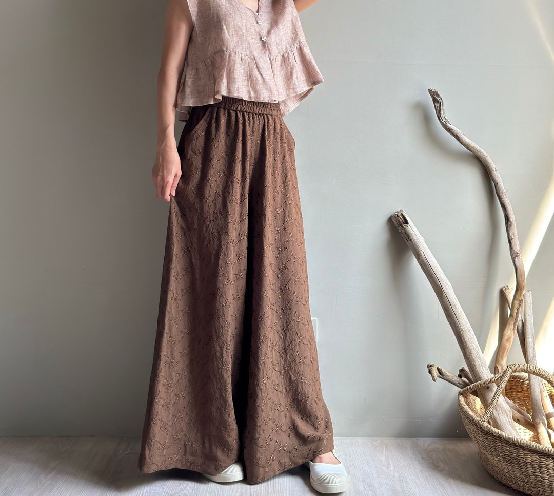 湖滨散记/咖啡色纯棉提花长版宽裤100%棉 - 女装长裤 - 棉 