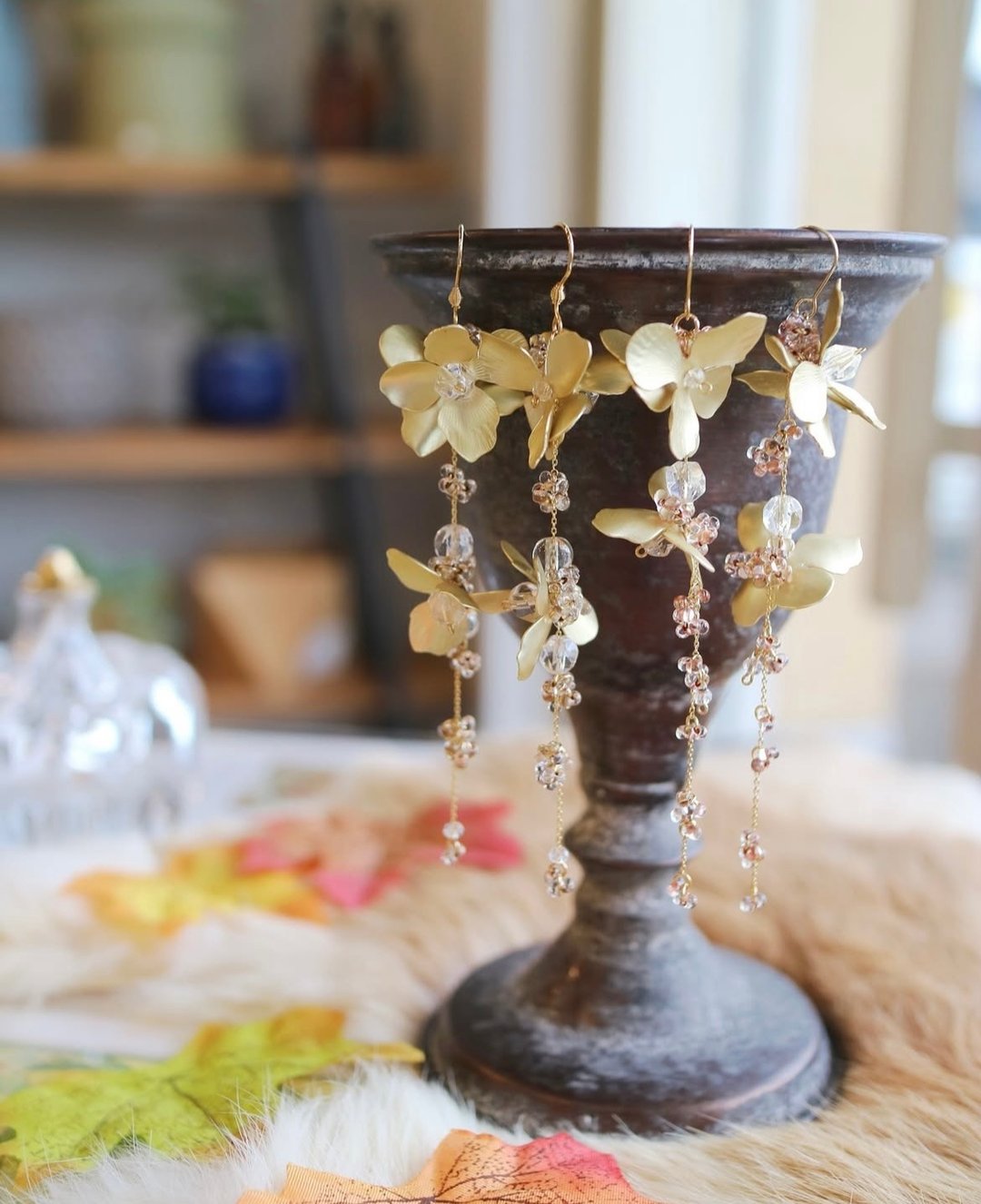 金属花朵 捷克玻璃 水晶 镀金 - 耳环/耳夹 - 其他金属 金色
