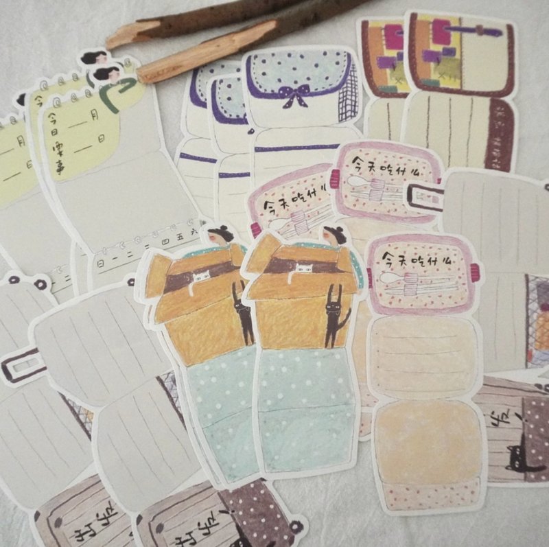 翻开看看 3折頁 異形切割 塩系蠟筆畫 手帳飾り 便簽套組 - 便条纸/标签贴 - 纸 多色