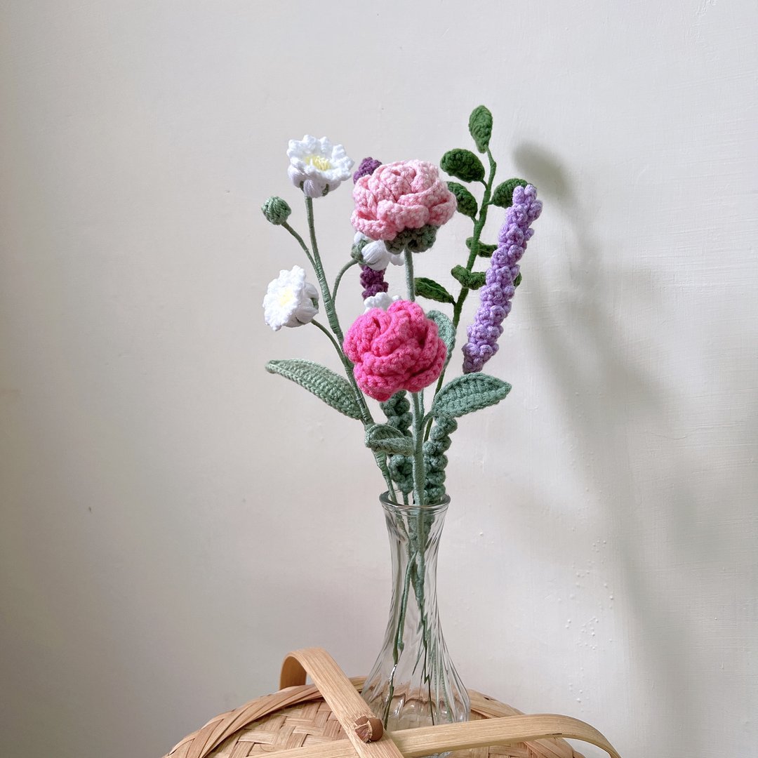手工针织花【蔷薇铃兰】针织花 仪式感 生活 摆设 花束 七夕 - 干燥花/捧花 - 棉 粉红色