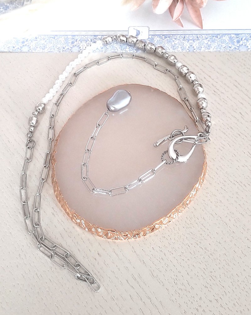 Chain asymmetric long necklace - 长链 - 其他金属 银色