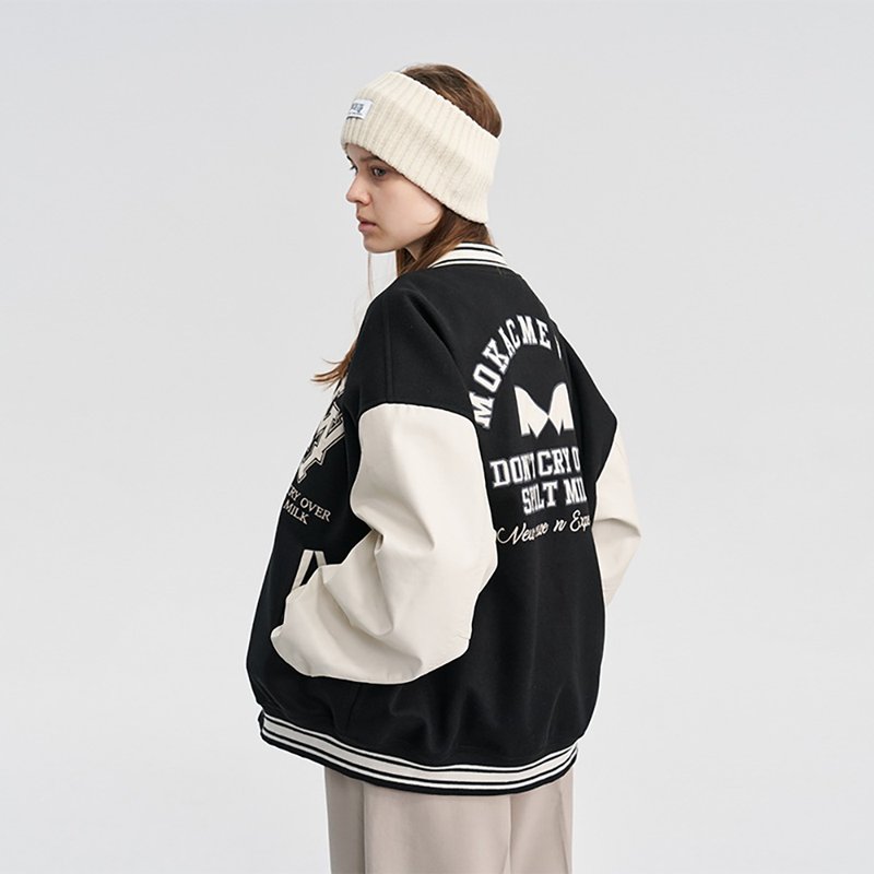 MOKACME  复古拼皮撞色贴皮刺绣棒球服夹克男女 - 男装外套 - 聚酯纤维 黑色