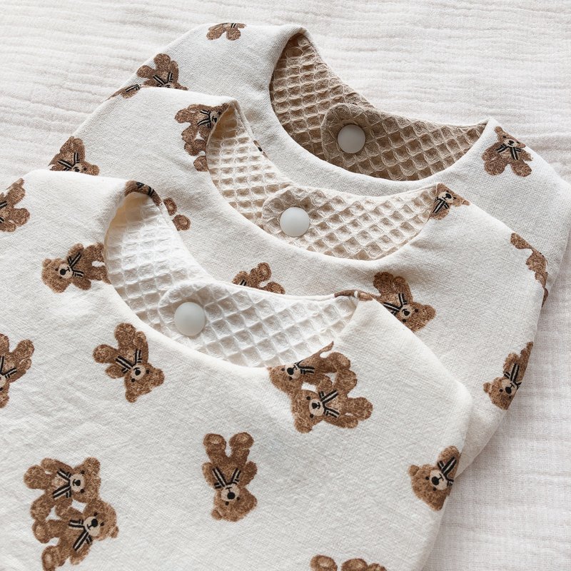 婴儿围兜 / 双面小熊与华夫饼围兜 - 围嘴/口水巾 - 棉．麻 白色