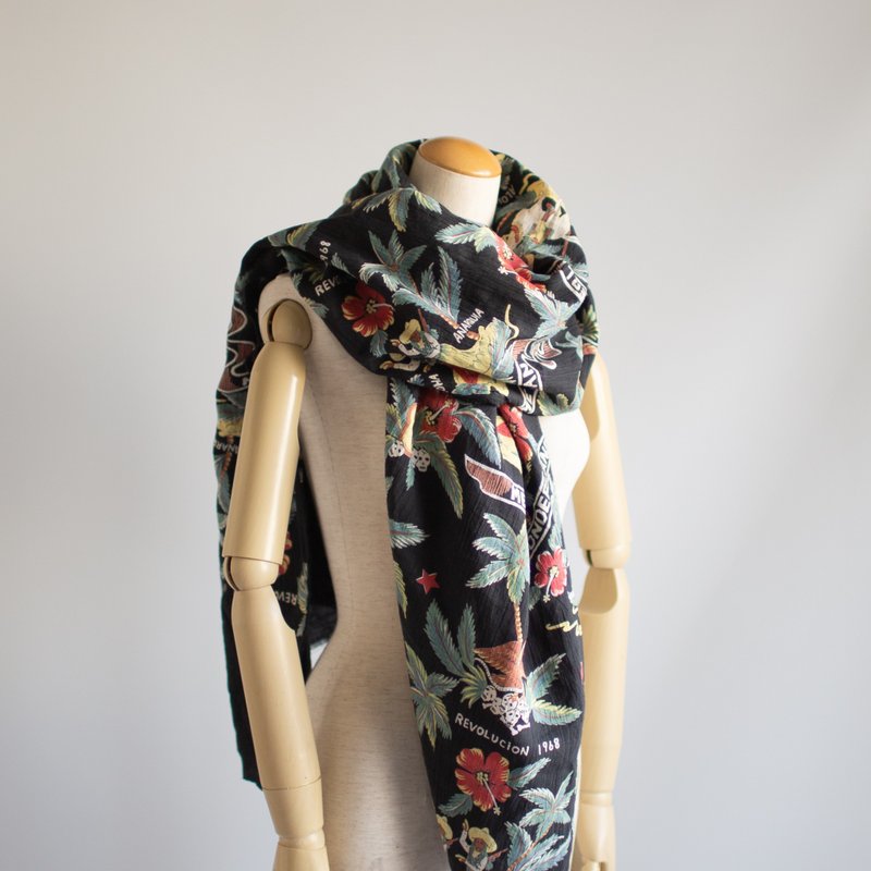 PSNY Hand-kneaded linen pattern dyed, Mexican pattern stall SG06 - 丝巾 - 棉 黑色