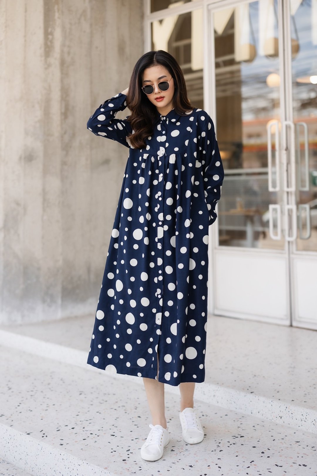 BLUE DOT LONG SLEEVE LINEN SHIRT DRESS 长洋装 - 洋装/连衣裙 - 亚麻 蓝色