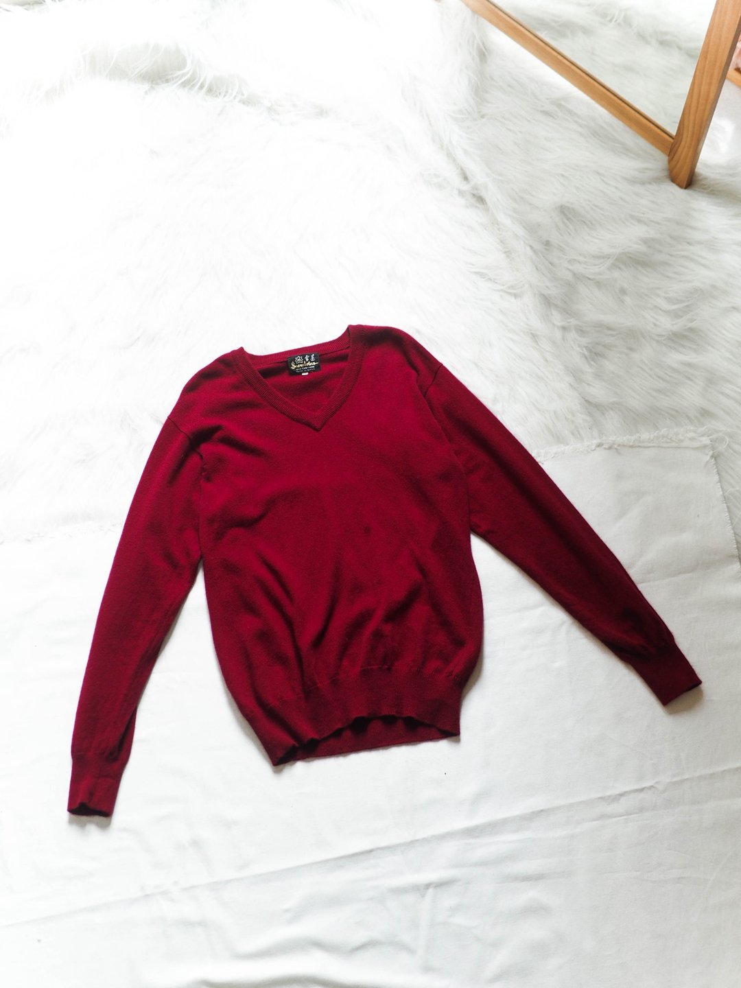 烈焰火红V领冬季素面经典 古董喀什米尔羊绒古着毛衣 cashmere - 女装针织衫/毛衣 - 羊毛 红色