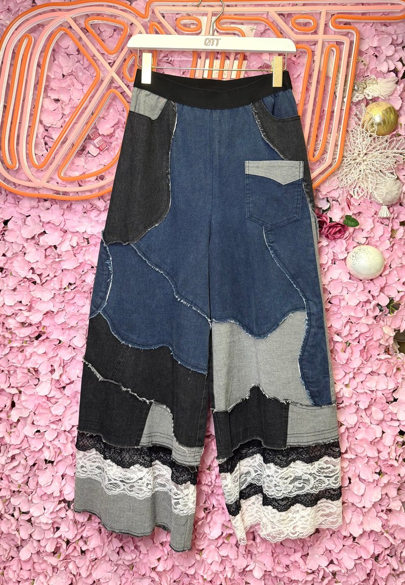 OTT独一无二•Unique日系蓝黑灰撞色拼布洗水牛仔阔裤 - 女装长裤 - 棉．麻 蓝色