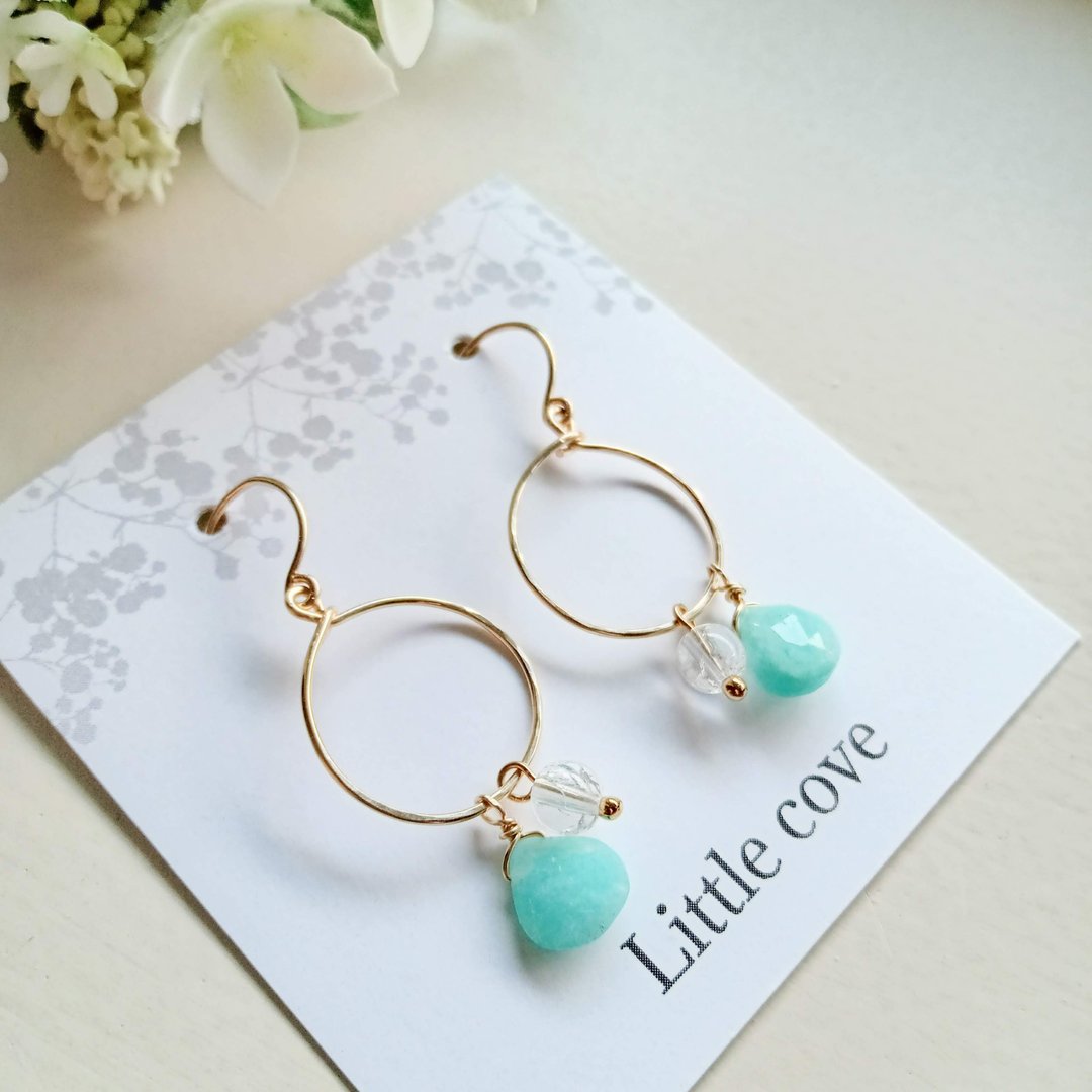 Gem Stone /14KGF   Amazonite and quartz hoop earrings - 耳环/耳夹 - 半宝石 蓝色