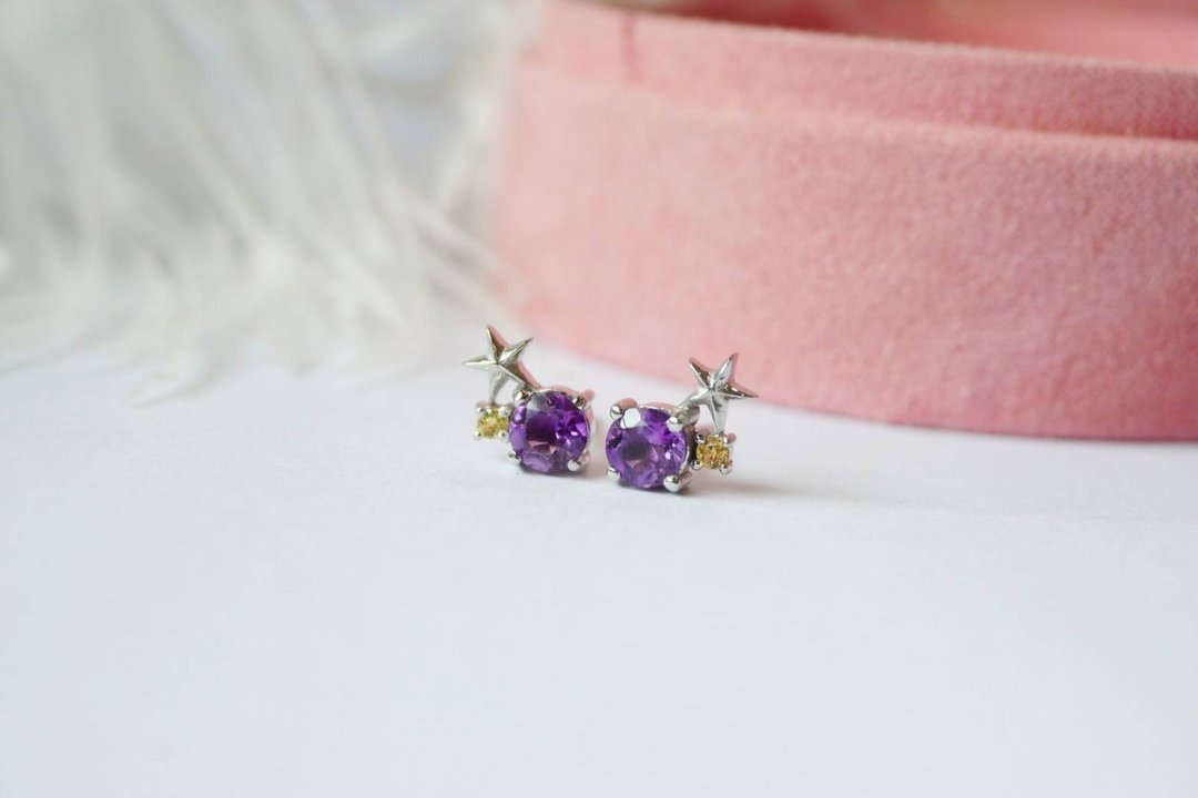 Stud Earrings Natural Amethyst and Yellow Sapphire Silver925, Star Earrings - 耳环/耳夹 - 纯银 紫色
