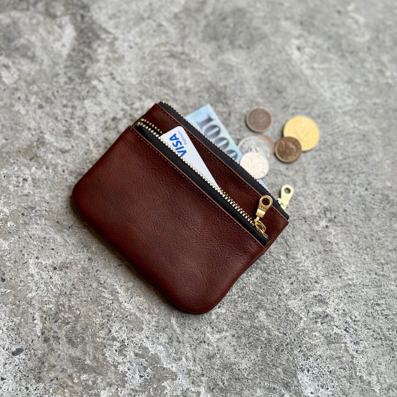 双拉链包 雪茄色 卡片包 钱包 植鞣革真皮制作 出国外币收纳 - 零钱包 - 真皮 咖啡色