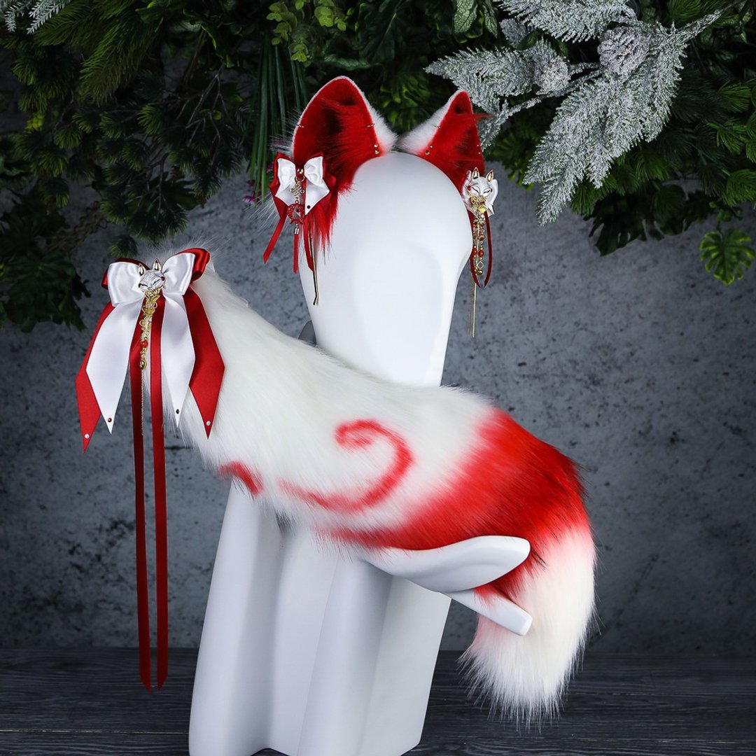 Inari Kitsune Ears and Tail Set Faux Fur Ears and Tail Set - 发饰 - 其他人造纤维 白色