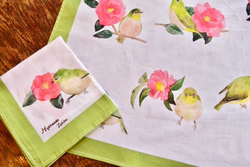 Large size handkerchief of sasanqua and Japanese white-eye - 手帕/方巾 - 棉．麻 绿色