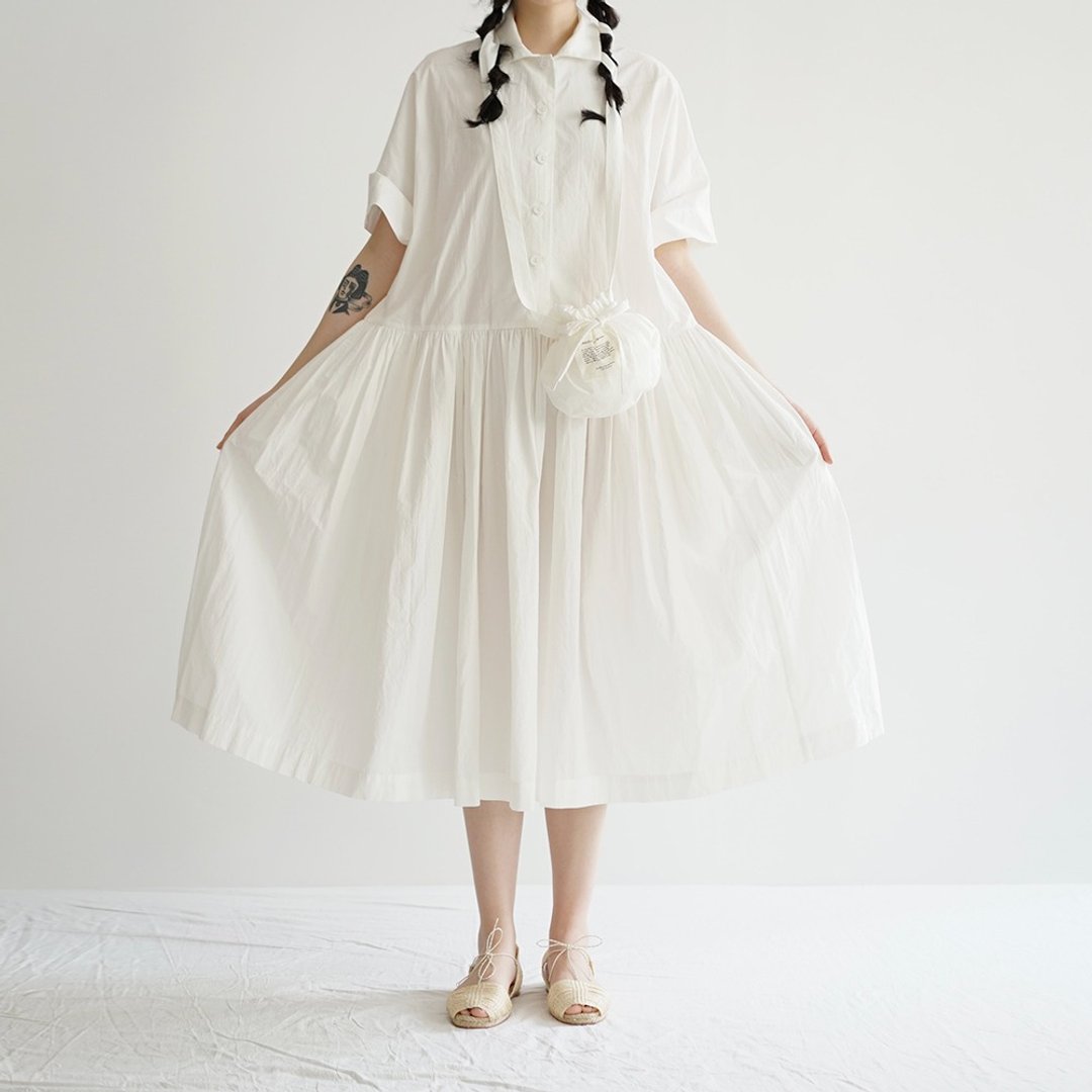 Smiling Visage Shirt Dress (White) - 洋装/连衣裙 - 棉 白色