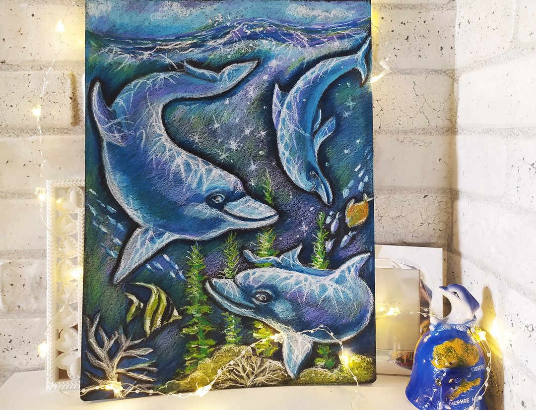 Dolphins painting underwater world pastel original art animal original painting - 墙贴/壁贴 - 纸 蓝色