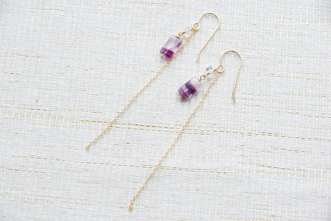 Square Fluorite Earrings 14K Gold gf - 耳环/耳夹 - 宝石 紫色