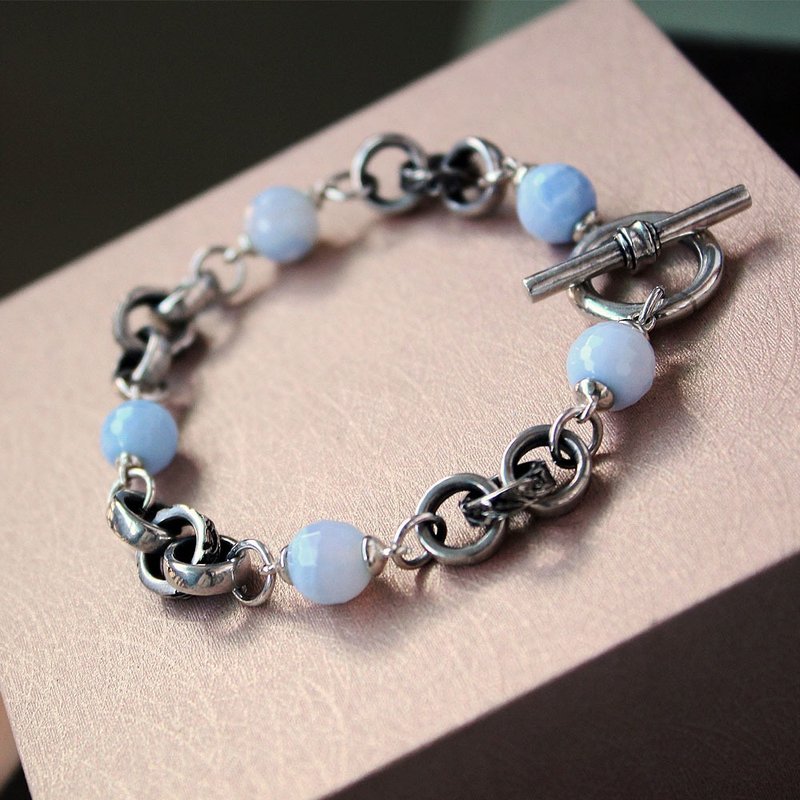 +缓缓生机+ 925纯银饰 复古银圈花草雕纹天然石手链 浅蓝玛瑙 - 手链/手环 - 纯银 银色