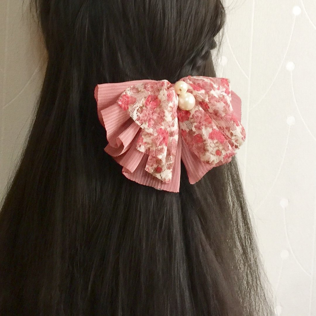 粉红 碎花雪纺蝴蝶结珍珠发夹~马尾夹 自动夹 弹簧夹 发圈 发束 - 发饰 - 其他材质 粉红色
