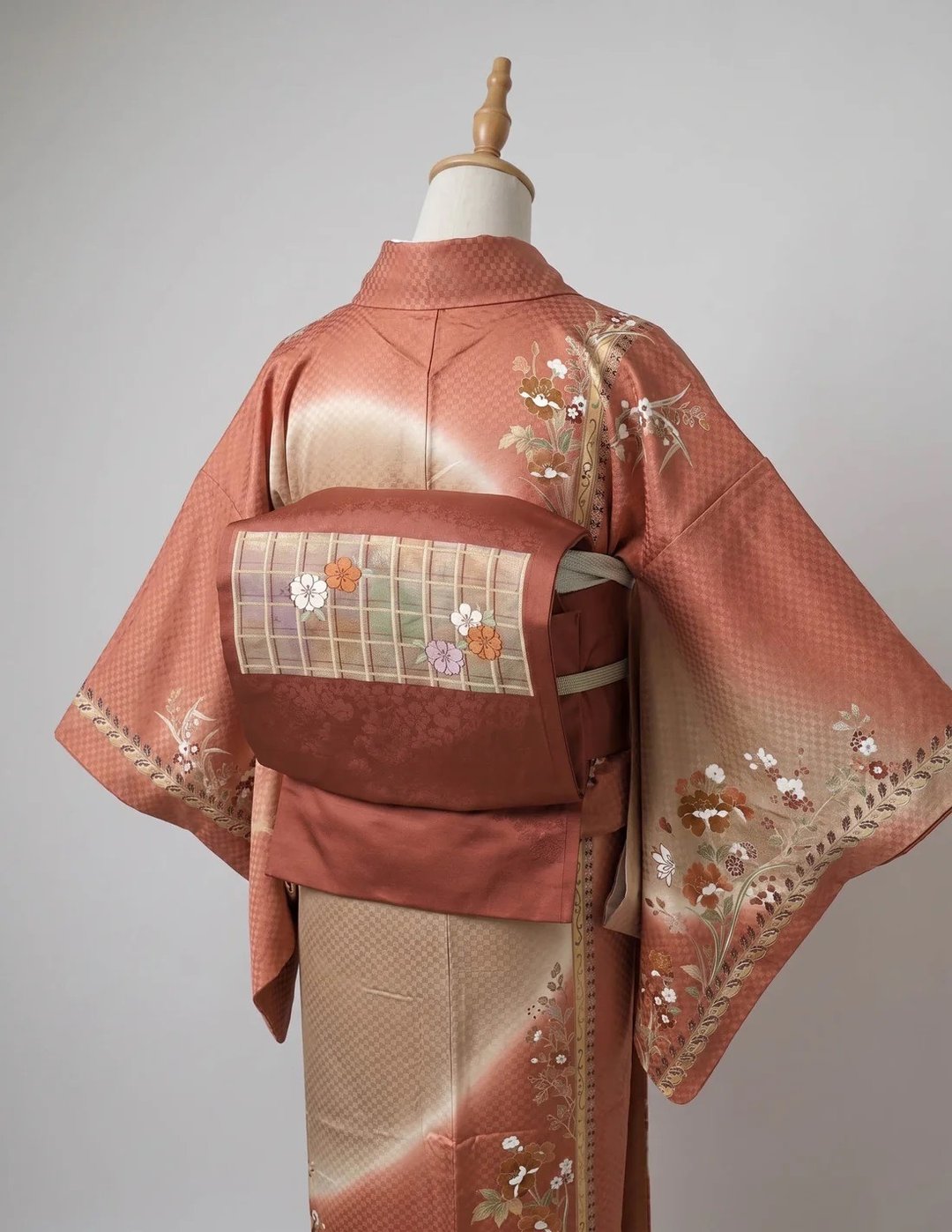 和服 预系式 定型名古屋腰带 - 日本制 赤陶红织锦梅花格子纹 - 皮带/腰带 - 丝．绢 多色