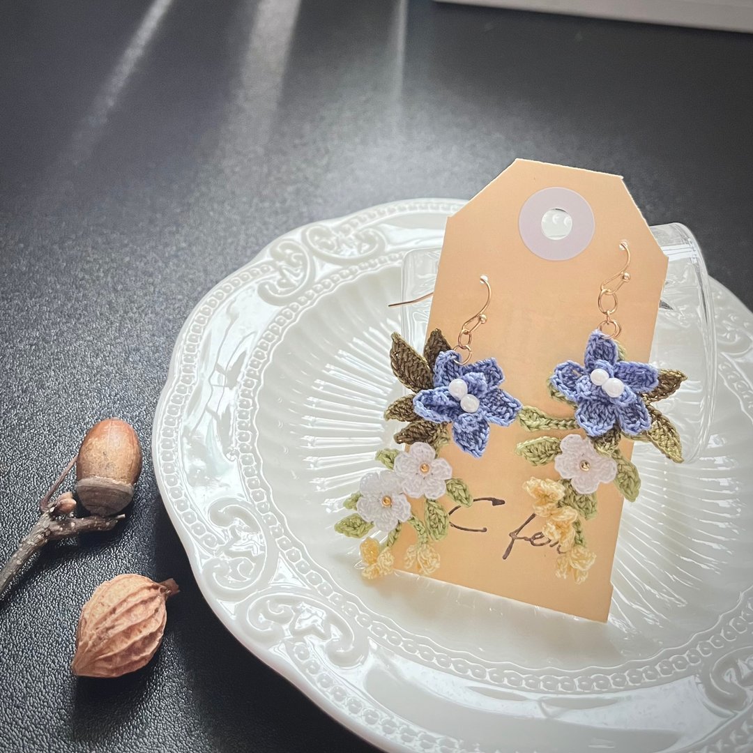 Tweedia 蓝星花 钩花编织 Silver925 耳环耳针耳勾耳夹 钩针手作 - 耳环/耳夹 - 棉 多色