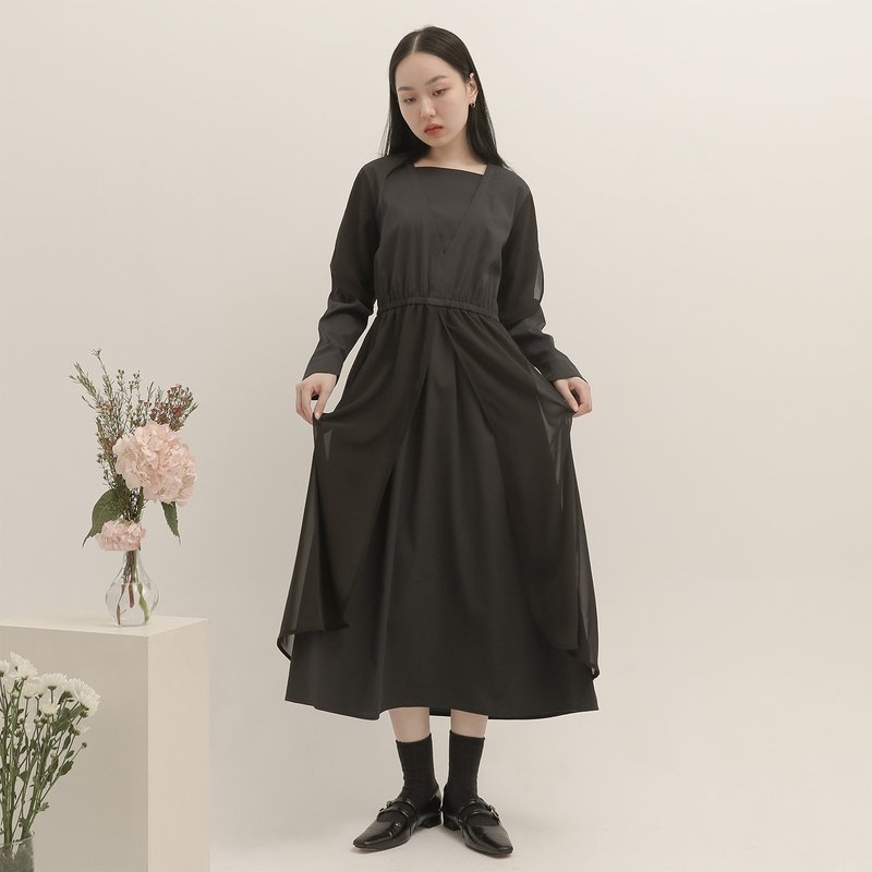 Aster_紫苑多层次洋装_23AF105_黑 - 洋装/连衣裙 - 聚酯纤维 黑色