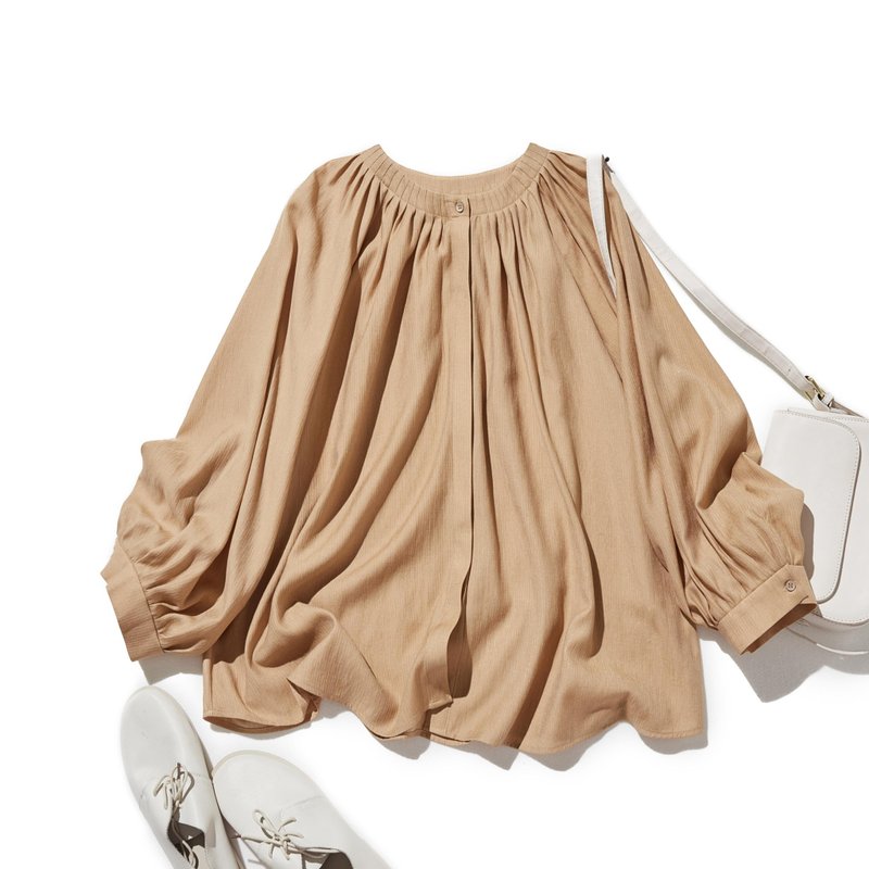 展现成熟可爱 打褶衬衫 衬衫式上衣 深米色 250907-2 - 女装衬衫 - 棉．麻 橘色