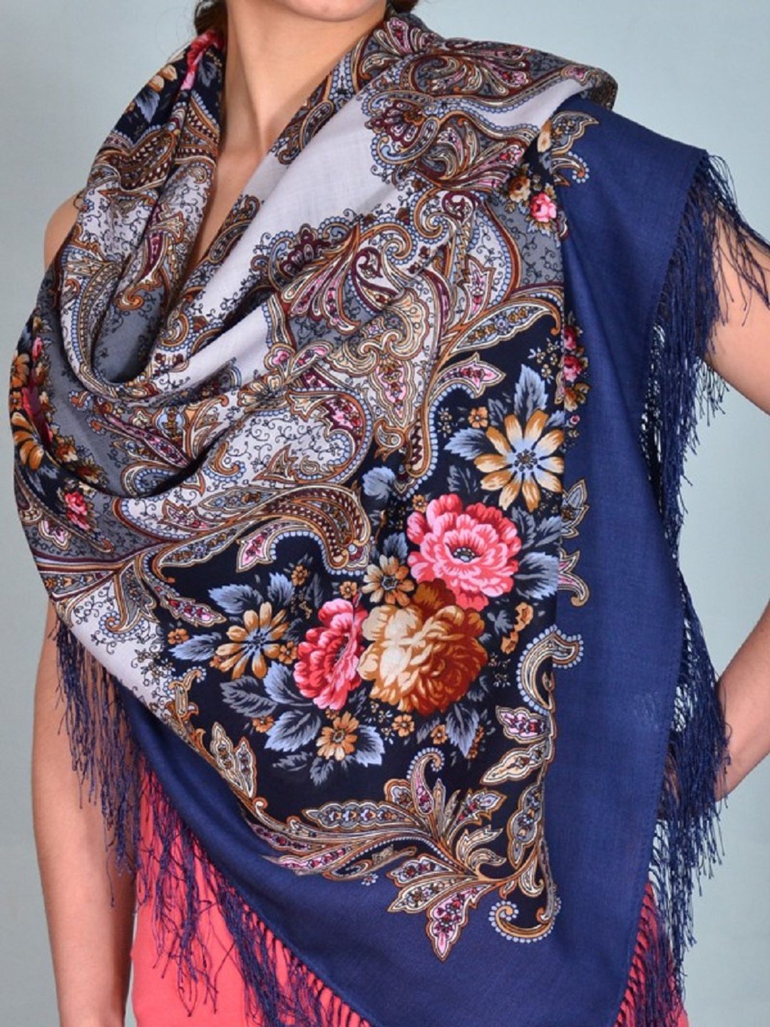 LUXURY! Russian Pavlovo Posad Shawl 100% Wool Scarf Platok 125x125 cm 1463-12 - 丝巾 - 羊毛 蓝色