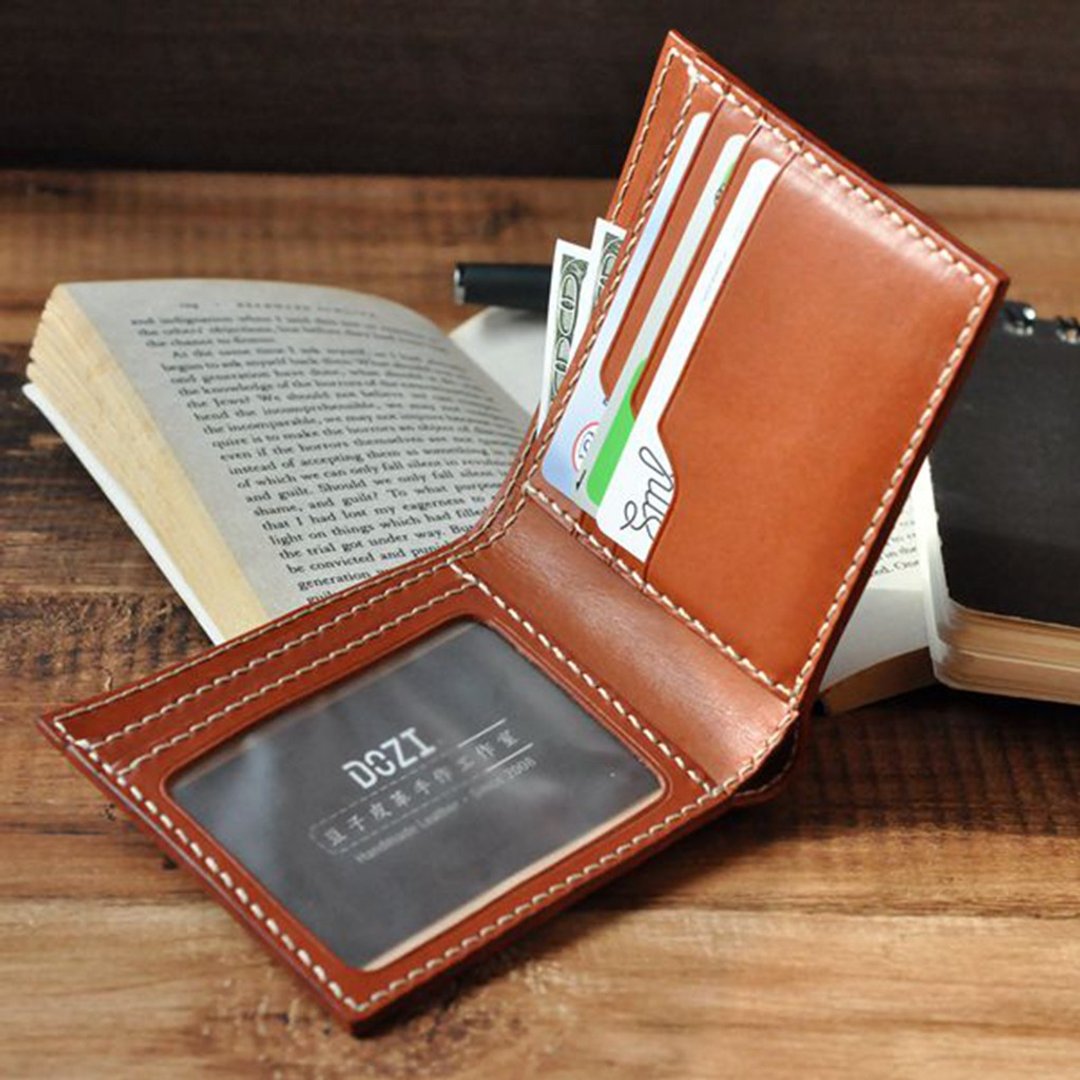 真皮皮夹 | 手工皮夹 | 定制化礼物 | 植鞣皮-短夹一号-识别证窗 - 皮夹/钱包 - 真皮 咖啡色