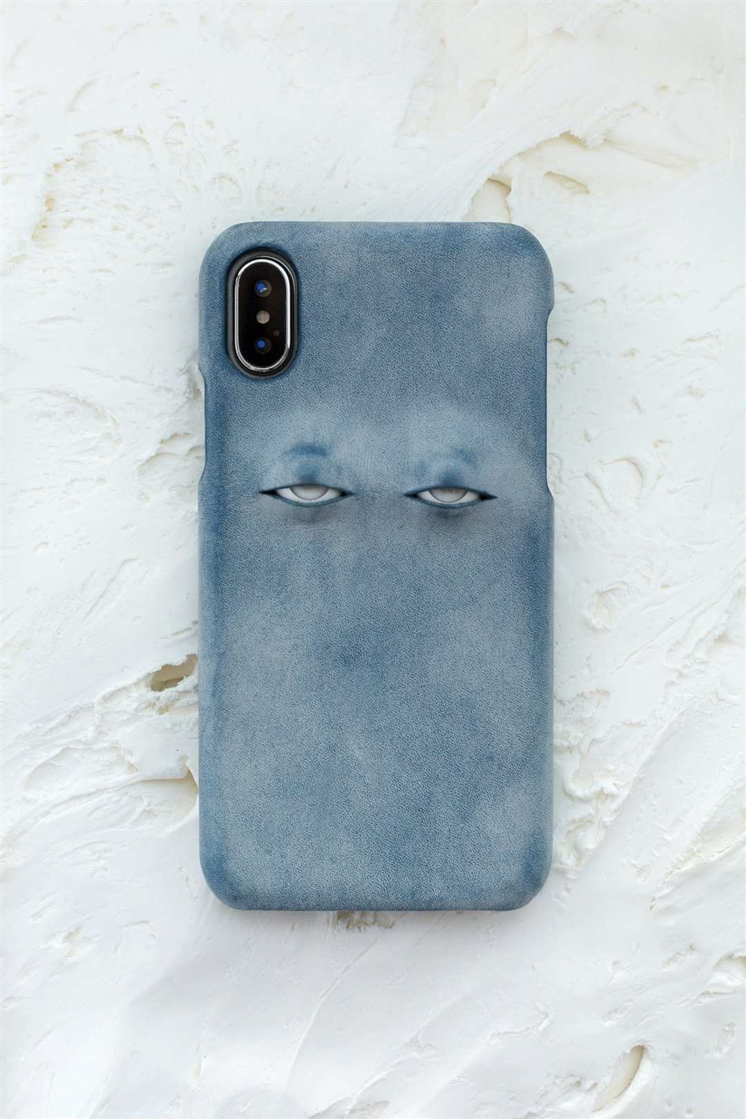 烟霧藍 翻白眼設計 手工真皮iPhone手機殼 保護套 意大利植鞣牛皮 - 手机壳/手机套 - 真皮 蓝色