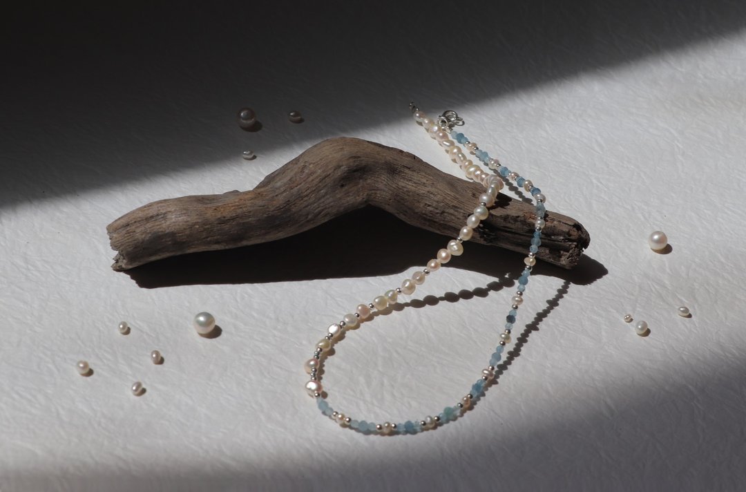 Pearl necklace—Aqua I 半半宝石珍珠项链 - 项链 - 半宝石 