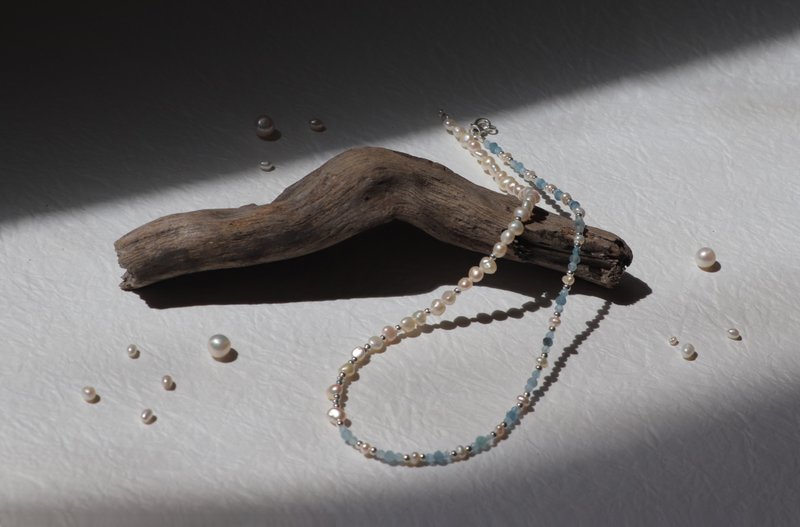 Pearl necklace—Aqua I 半半宝石珍珠项链 - 项链 - 半宝石 