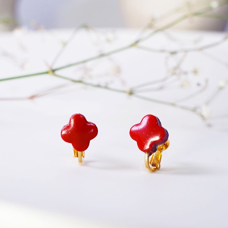 手绘美浓烧瓷砖耳饰 小花款 红色 耳针或耳夹 - 耳环/耳夹 - 陶 红色