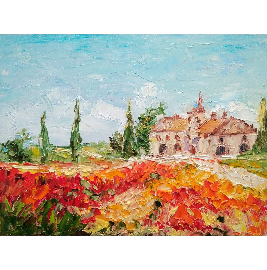 Tuscany Landscape Original Painting, Poppies Field Wall Art, Floral Art, 手工油畫 - 海报/装饰画/版画 - 其他材质 多色