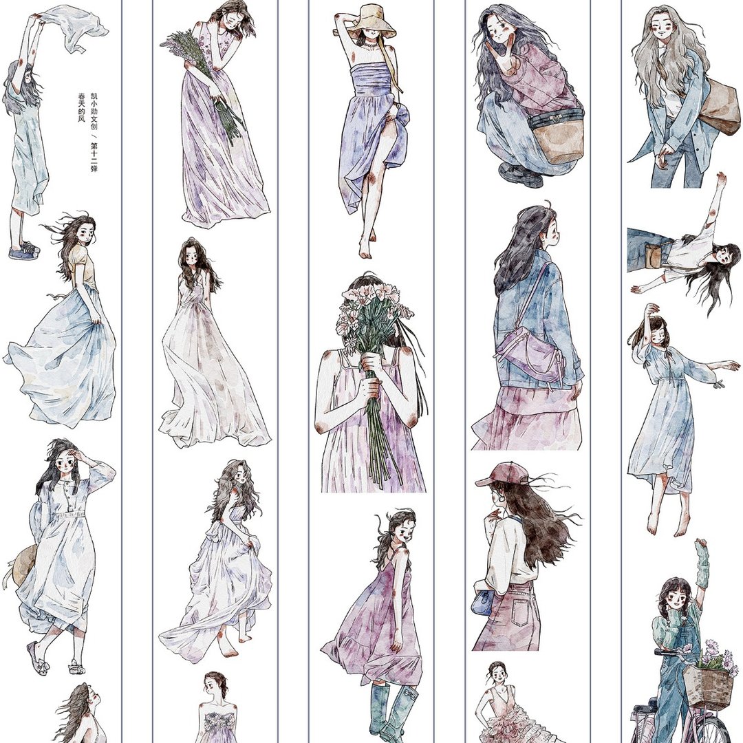 春天的風 女の子 日常 OOTD 春の装い PET 和紙膠帶 (kiss-cut) - 纸胶带 - 其他材质 多色