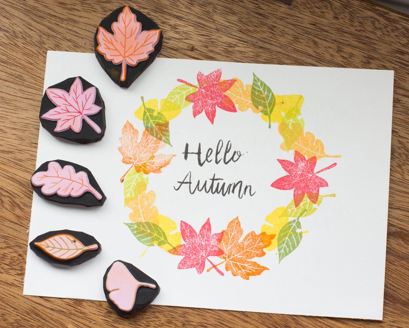 秋叶组合手刻橡皮章组 手帐 卡片 - 印章/印台 - 橡胶 橘色