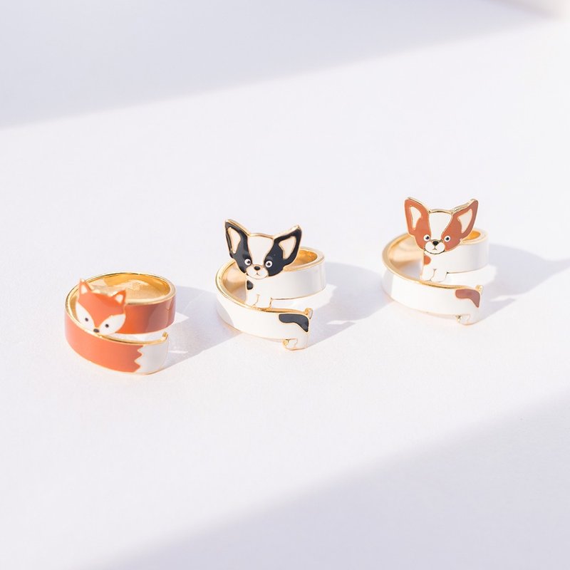 吉娃娃与狐狸 手工可调整立体戒指 - 戒指 - 珐琅 咖啡色