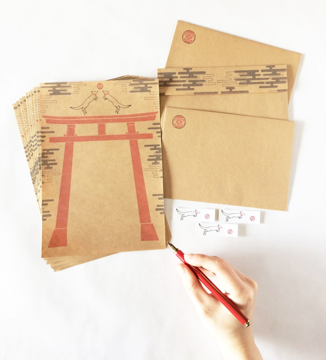 狐鞠歌 信纸组 稻荷神社 鸟居 日本 和风 动物 贴纸 封筒 信纸 - 便条纸/标签贴 - 纸 咖啡色