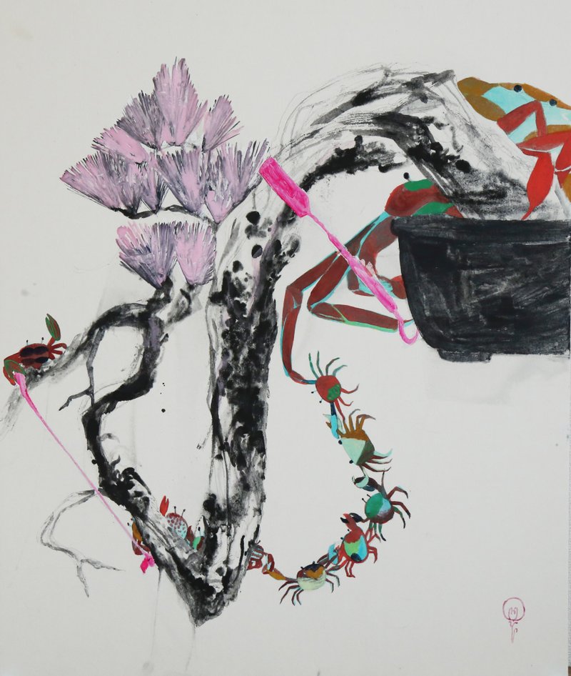 [日本画]粉红松与中吉蟹 - 海报/装饰画/版画 - 纸 粉红色