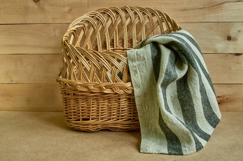 Set of 4 linen rustic kitchen stripe sguare towels, tea napkins, cottage style - 餐垫/桌巾 - 亚麻 黑色